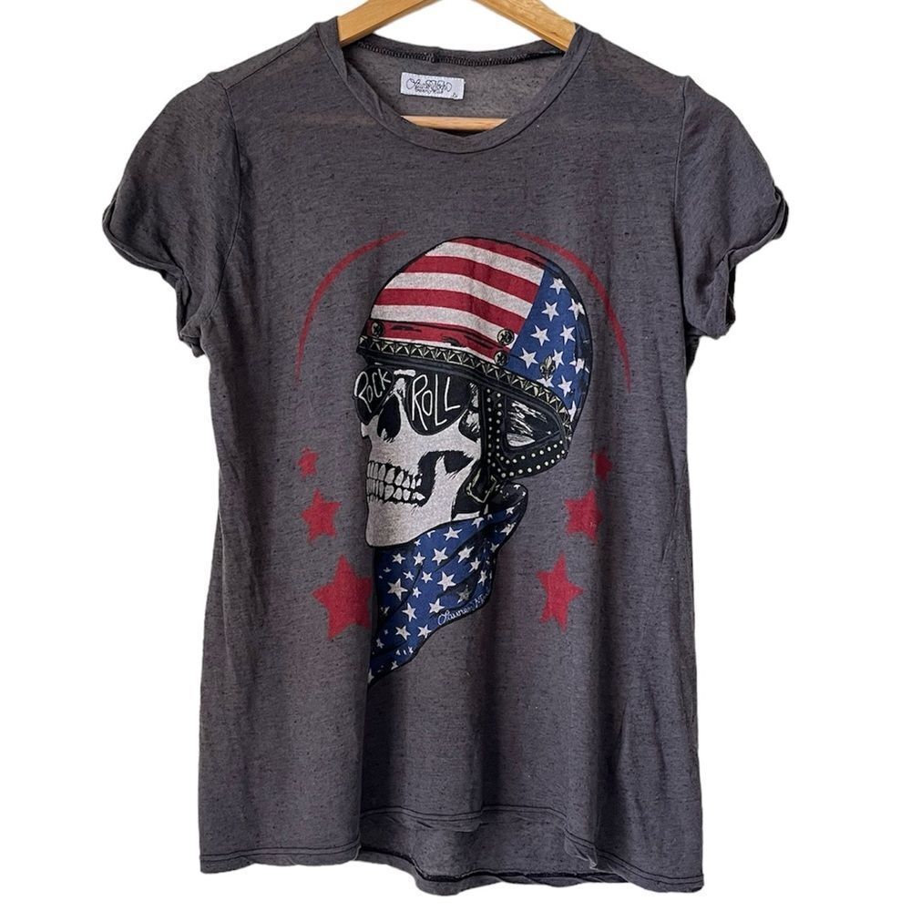 Lauren Moshi Edda T-Shirt Rock N Roll Skull Helmet Crew Tee Paper Thin Small